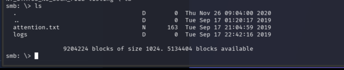 anonymous share listing showing attention.txt and logs directory